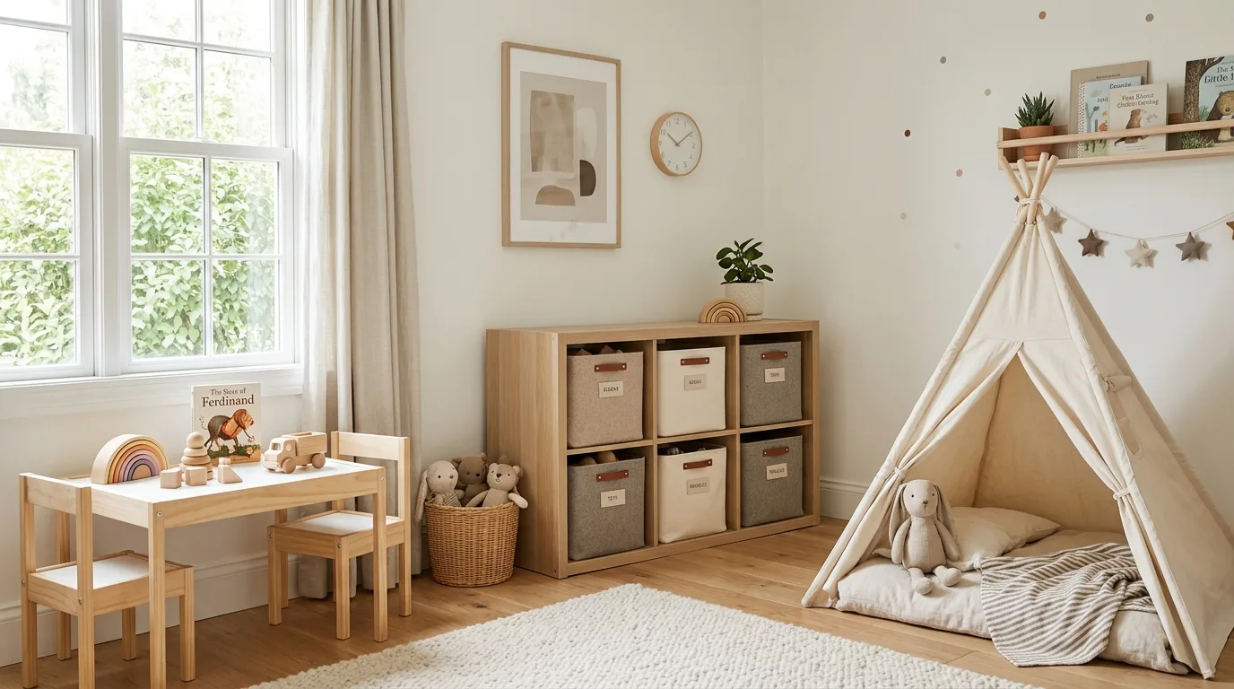Minimal neutral toy storage in a modern kids room